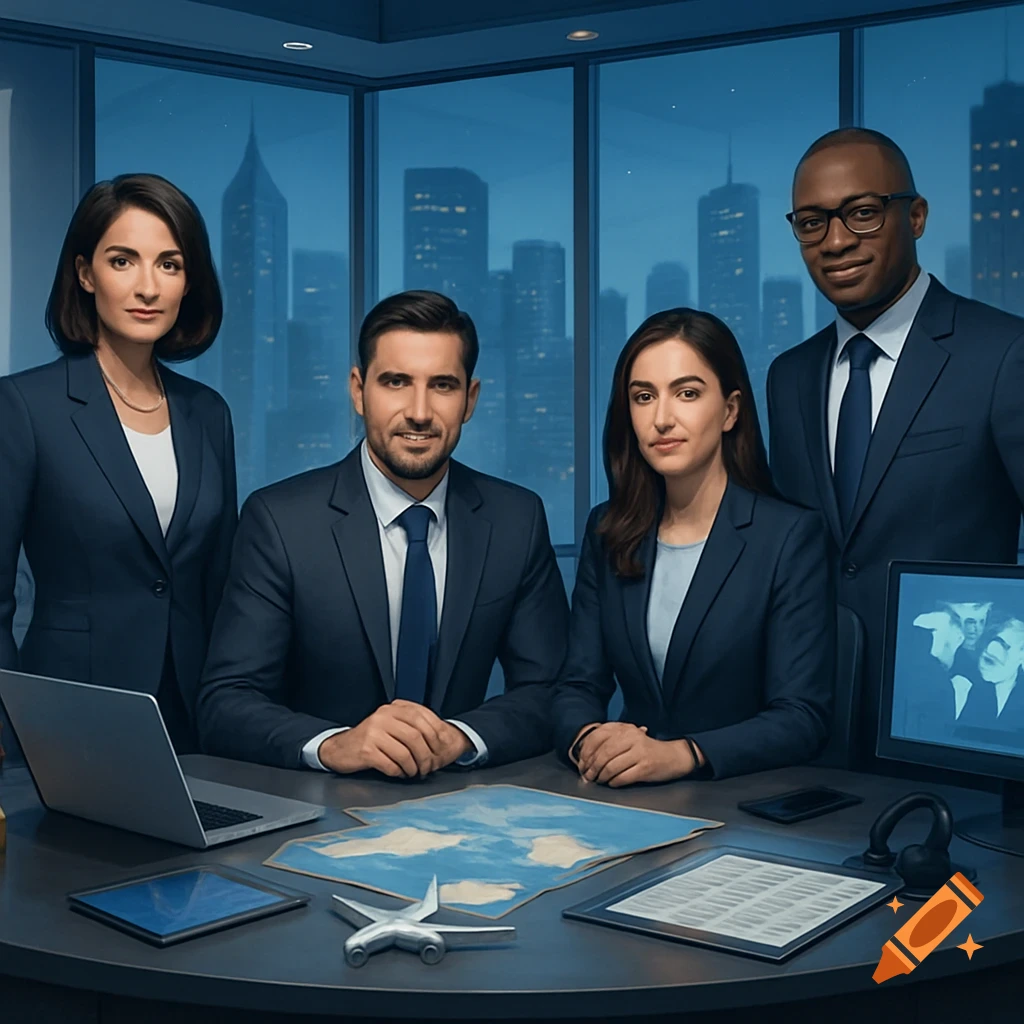 Four diverse business professionals in suits in a modern office with a city skyline, with a laptop, map, and airplane model on the table.