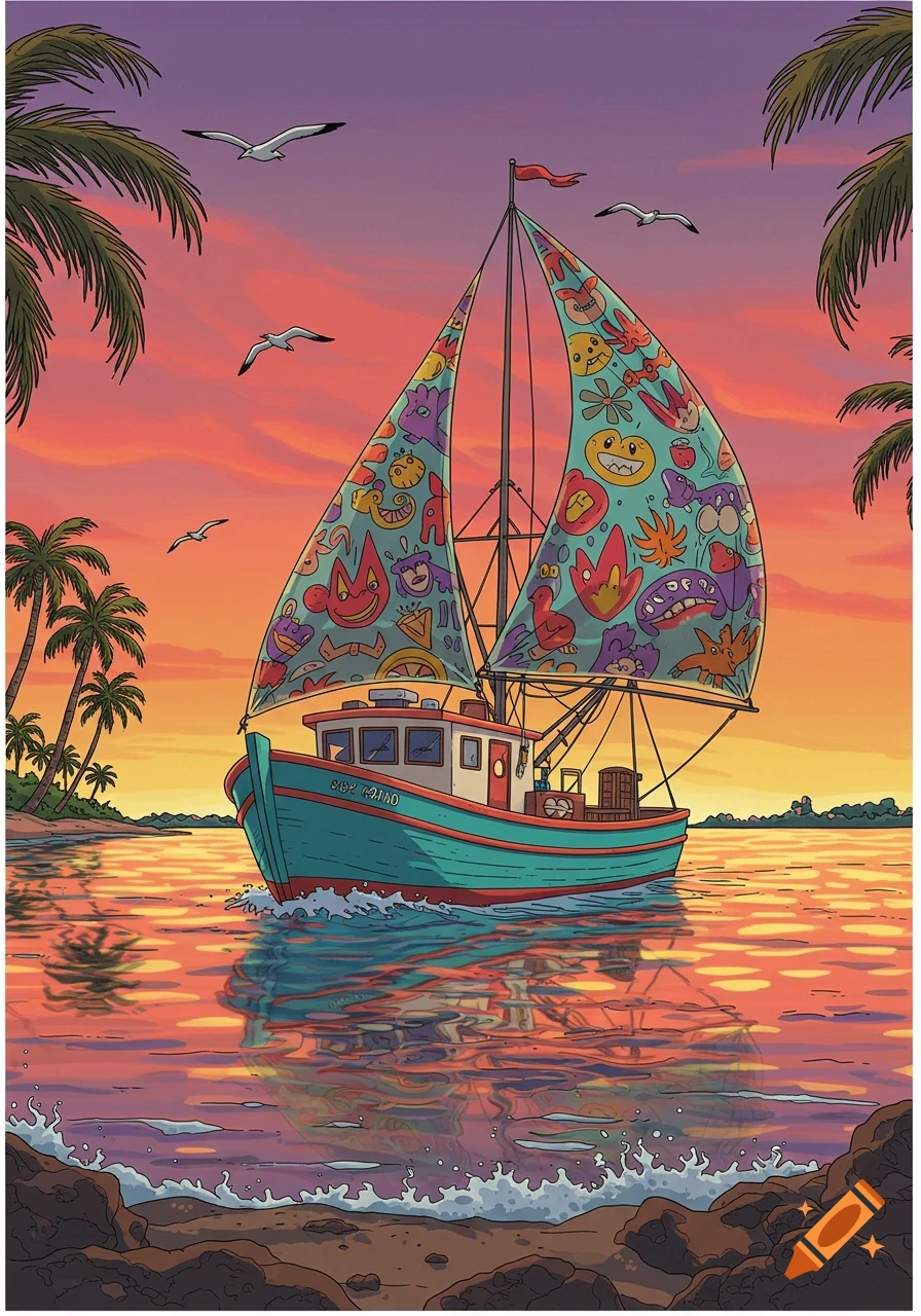 Cartoon fishing boat with whimsical sails cruises at sunset by a tropical shore with palm trees.