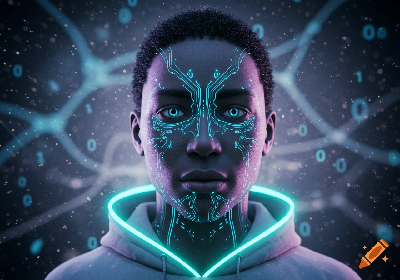 Close-up portrait of a person with glowing blue circuit patterns on their face, luminous eyes, and a glowing collar, in a futuristic setting.