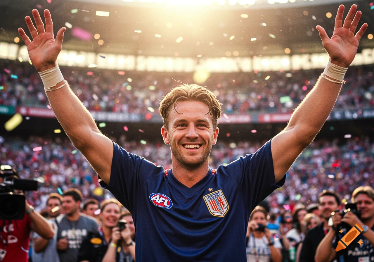 A male athlete in a navy jersey cheers with arms raised as confetti falls in a sunlit stadium.