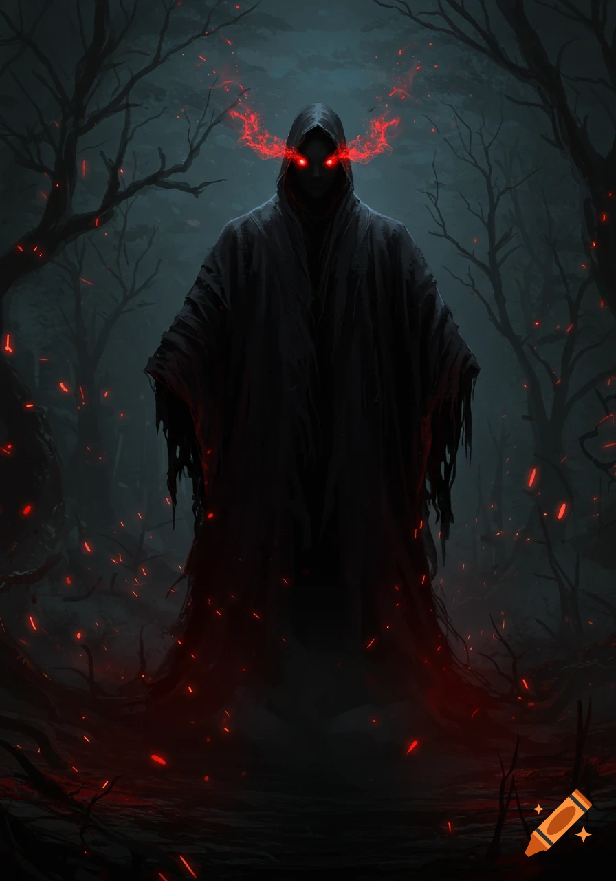 A shadowy, cloaked figure with glowing red eyes stands in a dark, barren forest, surrounded by red energy and sparks.