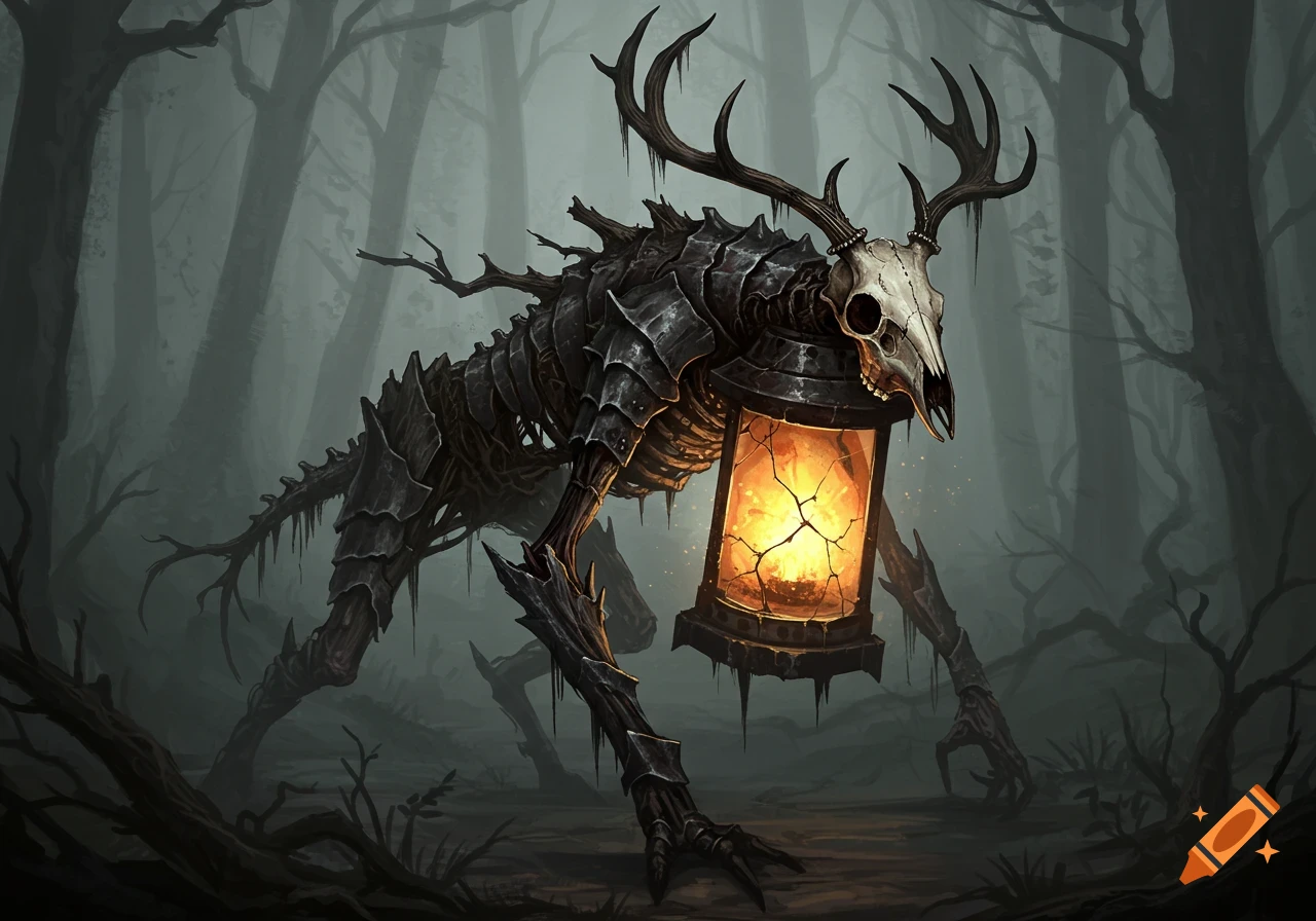 Dark fantasy art of a skeletal deer-like monster with a skull head and antlers, carrying a glowing lantern in its rib cage, in a misty forest.