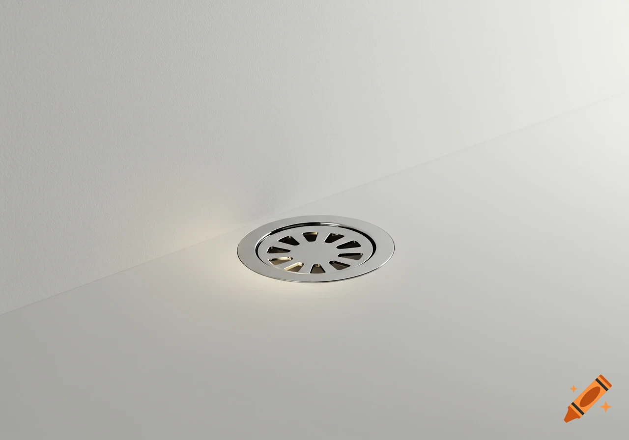 Close-up of a circular chrome drain on a white, minimalist surface.