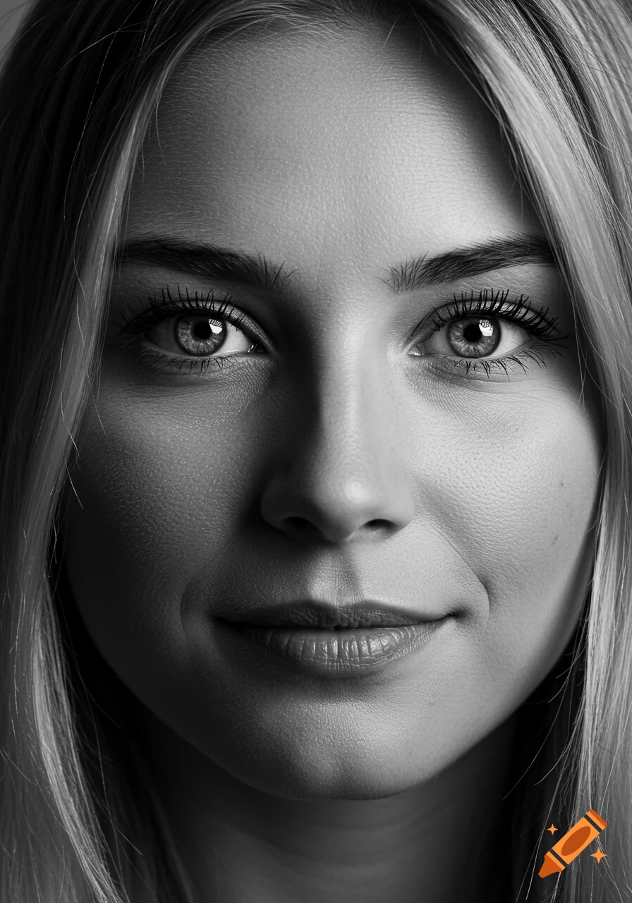 Close-up black and white portrait of a woman with a hint of a smile and bright, expressive eyes under studio lighting.