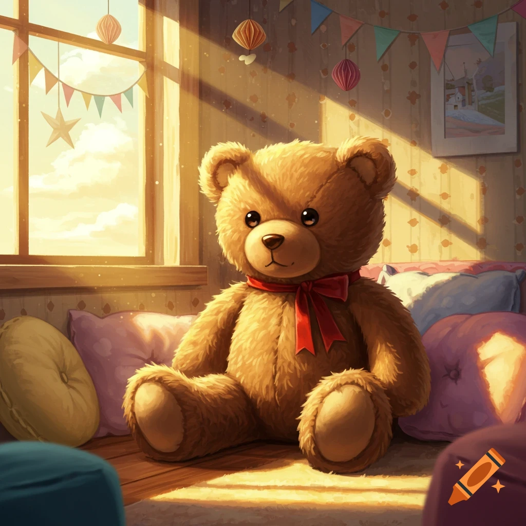 A fluffy brown teddy bear with a red bow tie sits on a rug in a sunlit room with pillows and decorations, illustration.