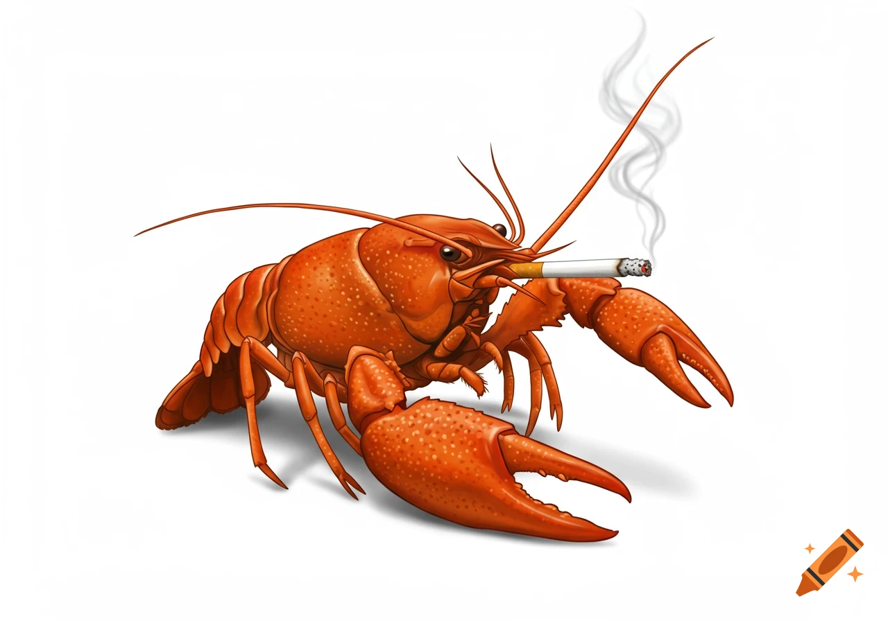 An illustrative red crayfish holds a lit cigarette in its mouth, with smoke rising, on a plain white background.