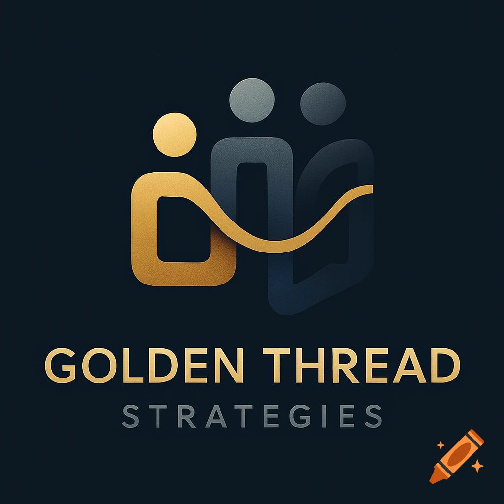Modern golden and dark gray logo depicting three stylized people connected by a wavy golden thread, with the words Golden Thread Strategies below.