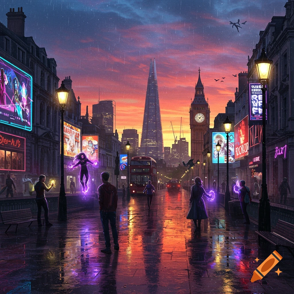 Rainy London street at sunset with glowing figures. The Shard and Big Ben are visible in the background, with neon signs lining the street.
