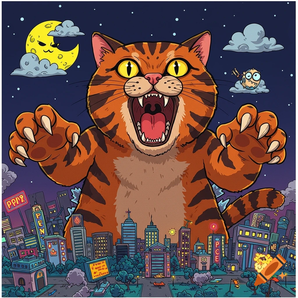 A giant, fierce, orange-striped cartoon cat with glowing yellow eyes roars, standing over a city at night. The moon has a face.