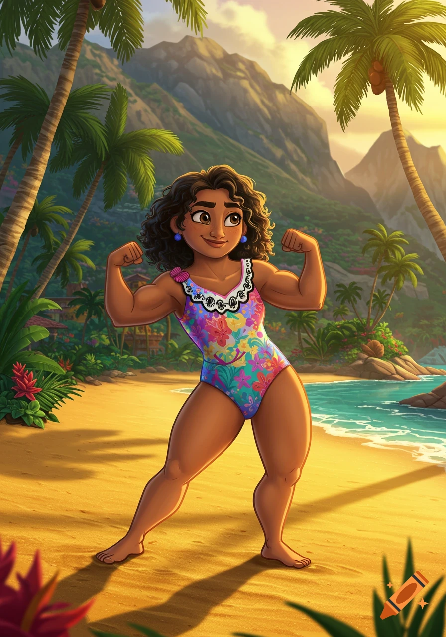 Cartoon of Mirabel from Encanto flexing her muscles on a sunny tropical beach with palm trees and mountains.