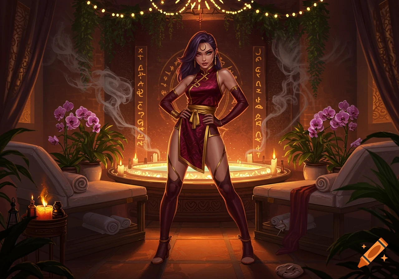 A fantasy woman in a red cheongsam-style dress with long dark hair stands confidently in a mystical spa room with glowing candles, plants, and ancient symbols on the walls.