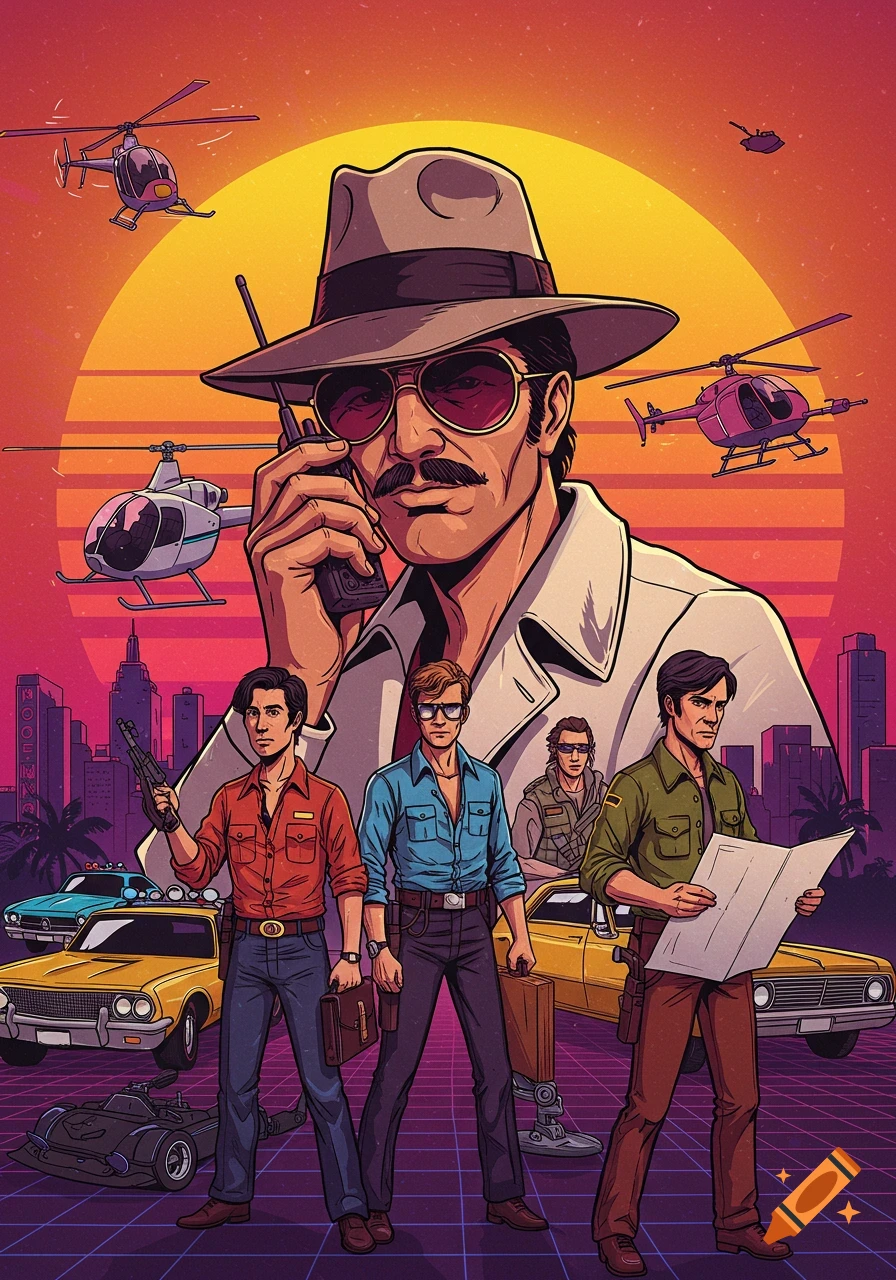 80s retro-style comic art poster showing men, police cars, and helicopters in a stylized sunset cityscape.