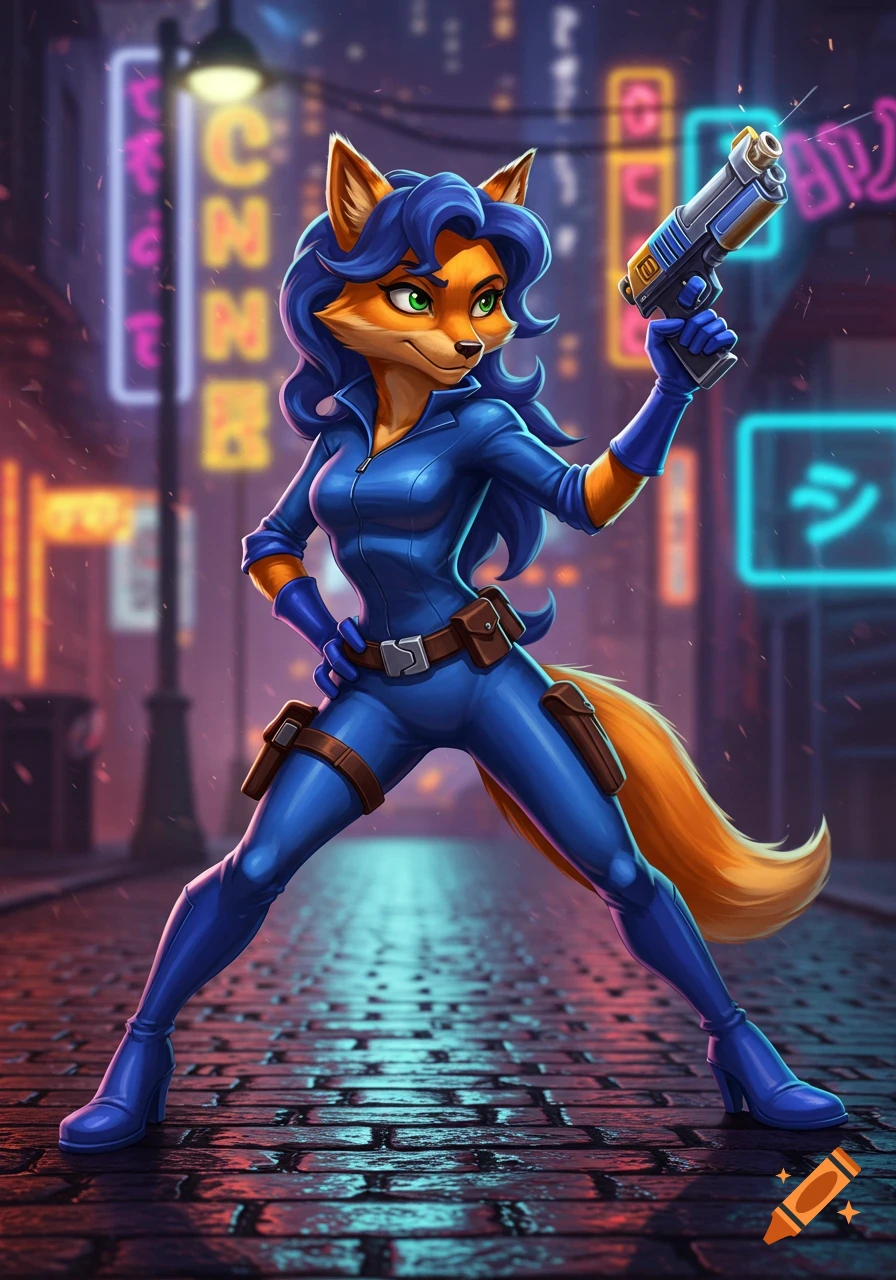 Carmelita Fox, an anthropomorphic fox in a blue jumpsuit, holds a gun in a neon-lit urban alley.