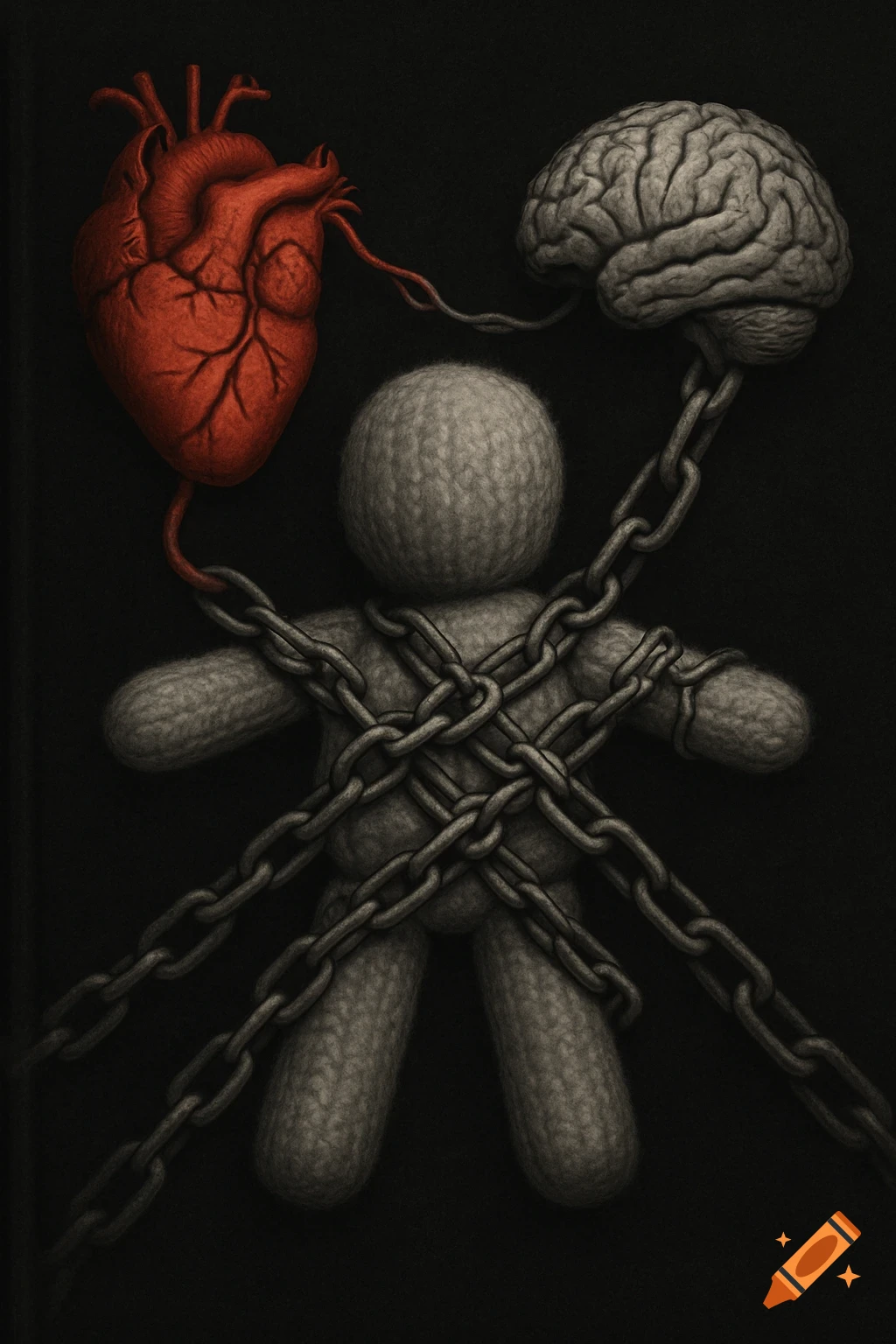 A chained knitted doll figure with a red anatomical heart connected to its left and a grey brain to its right on a dark background.