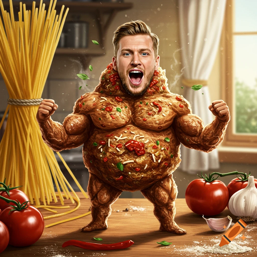 A muscular meatball body with a man's head flexing in a kitchen, surrounded by spaghetti, tomatoes, and garlic.