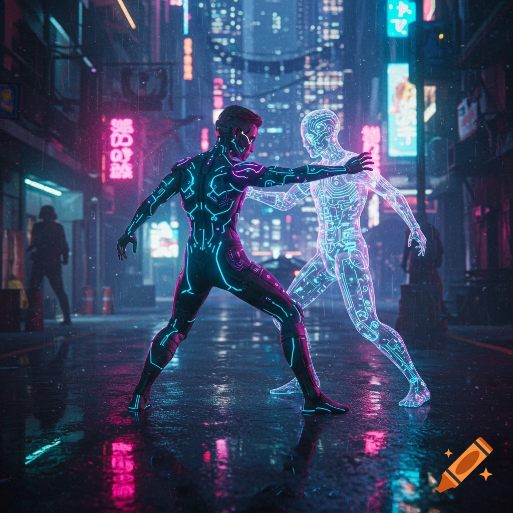 Two figures with glowing circuit patterns fight in a neon-lit, rainy cyberpunk city street, one solid and one ethereal.