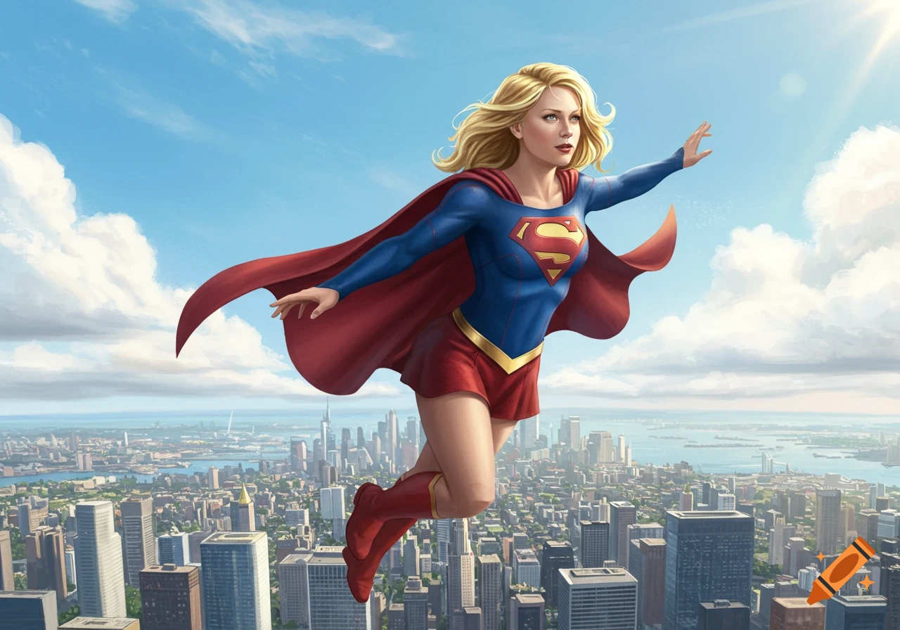 Supergirl flying dynamically above a city, her red cape billowing against a blue sky, in a vibrant comic art style.