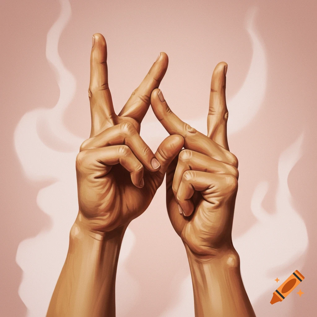 Stylized illustration of two hands making an intricate gesture on a smoky light pink background.