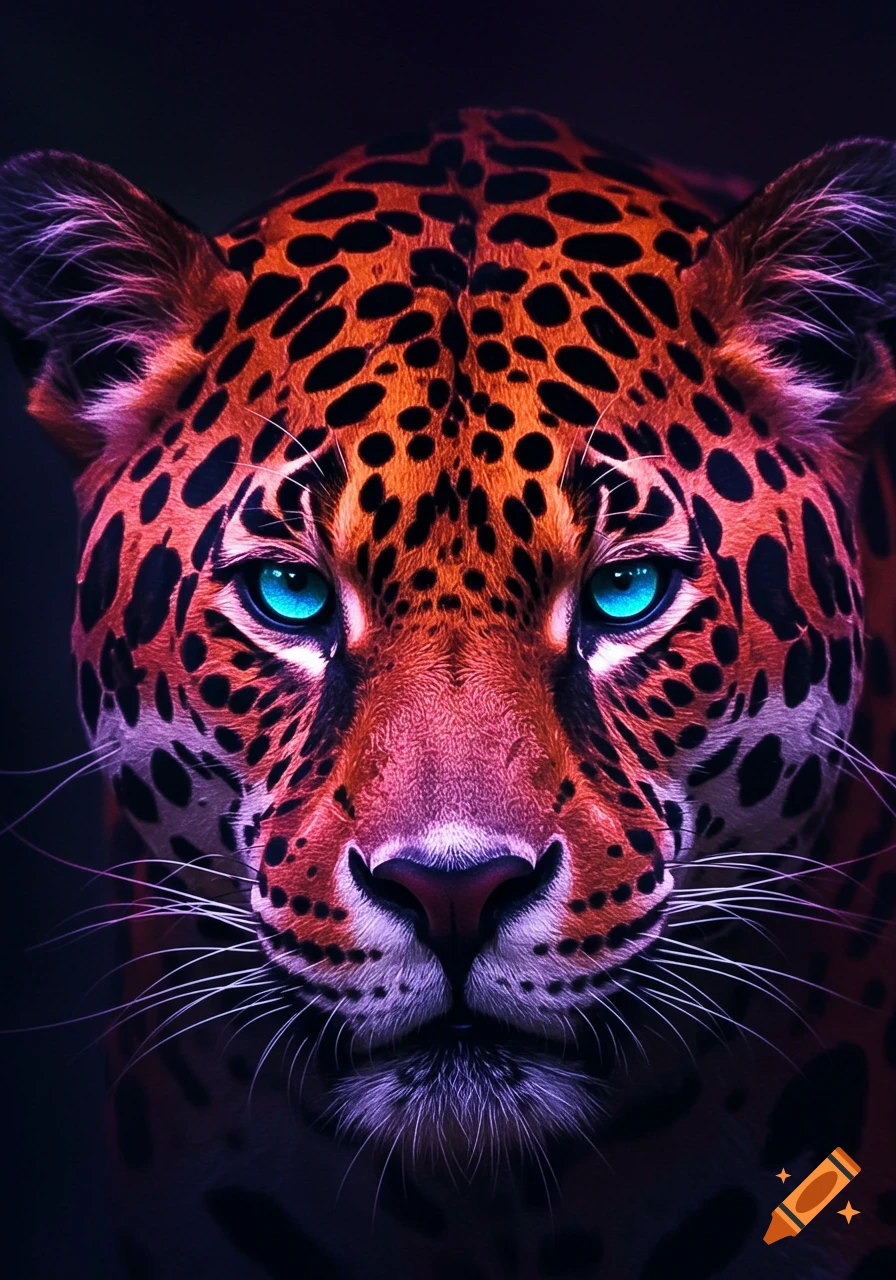 Close-up of a vibrant neon orange and purple jaguar face with striking bright blue glowing eyes.