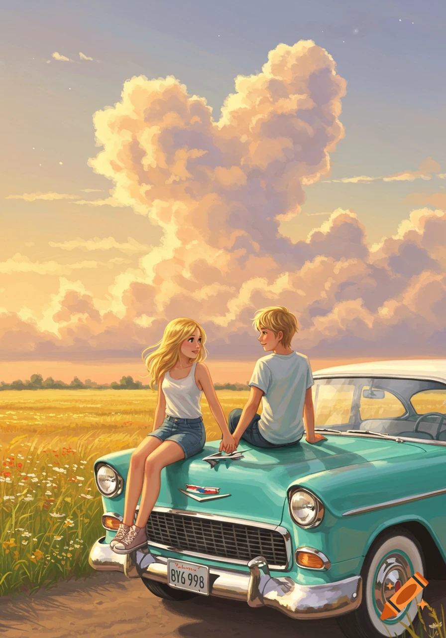 Illustrative scene of a teenage boy and girl holding hands on the hood of a vintage turquoise car under a heart-shaped cloud at sunset.