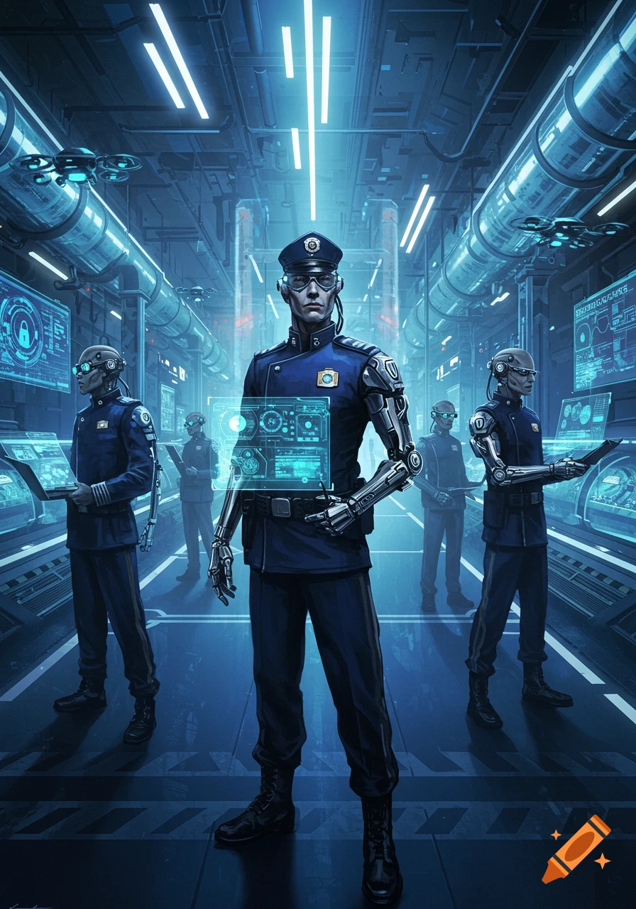 Cyborg law enforcement officers in blue uniforms stand in a futuristic, neon-lit control room.