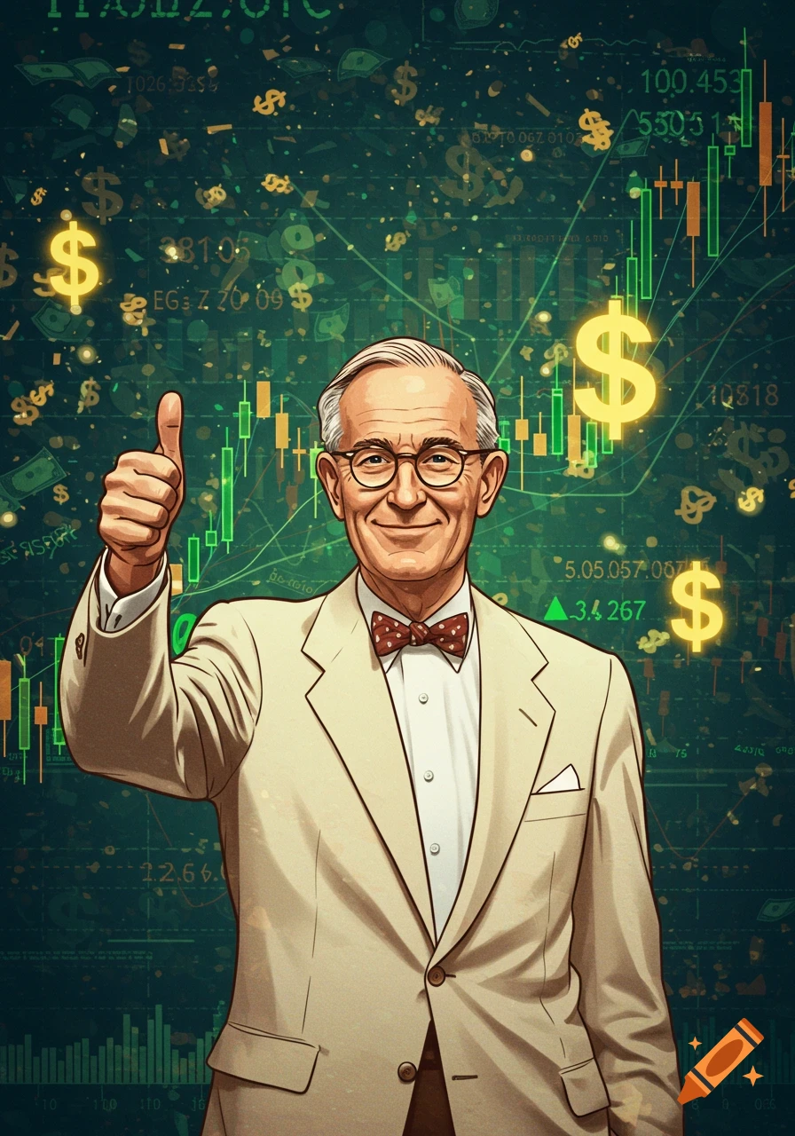 A smiling older man in a suit and bow tie gives a thumbs up, with a background of green stock charts and floating dollar signs in a stylized illustration.