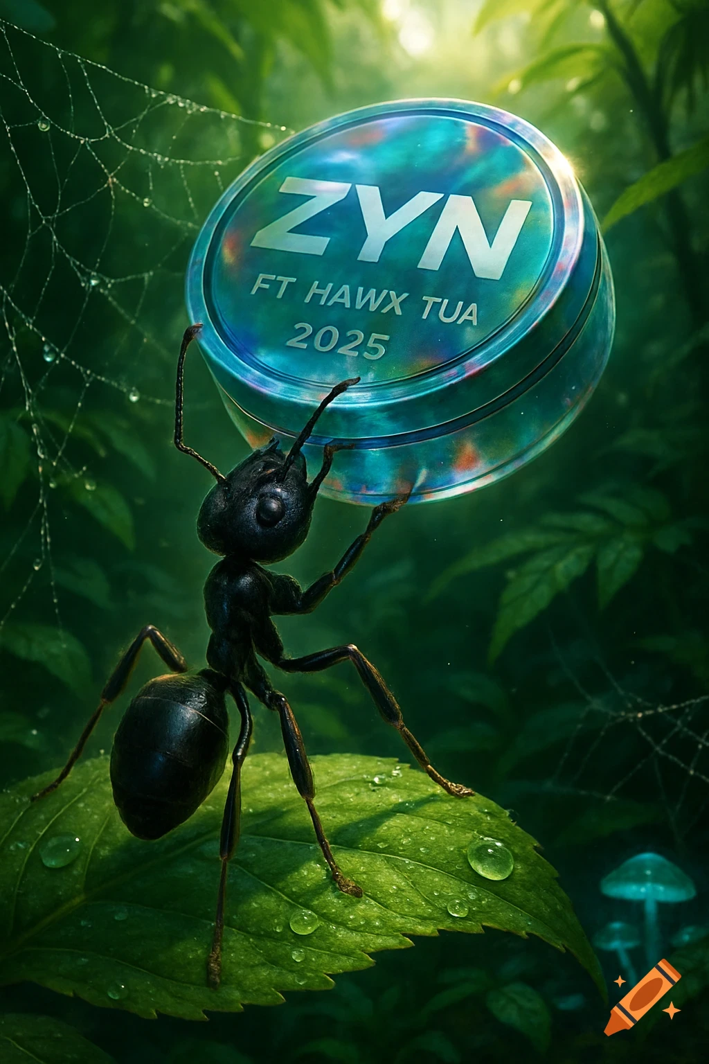 A large black ant holds a shiny, iridescent ZYN can labeled 'ZYN FT HAWX TUA 2025' on a dewy leaf in a lush jungle.