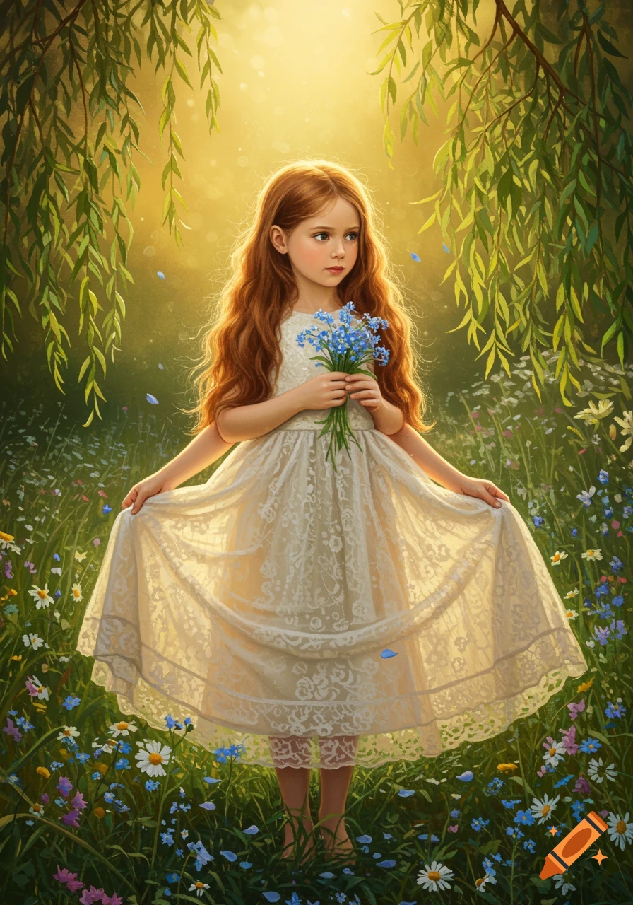 A young girl with long red hair in a white dress stands in a sunlit field of wildflowers, holding a bouquet of blue flowers.