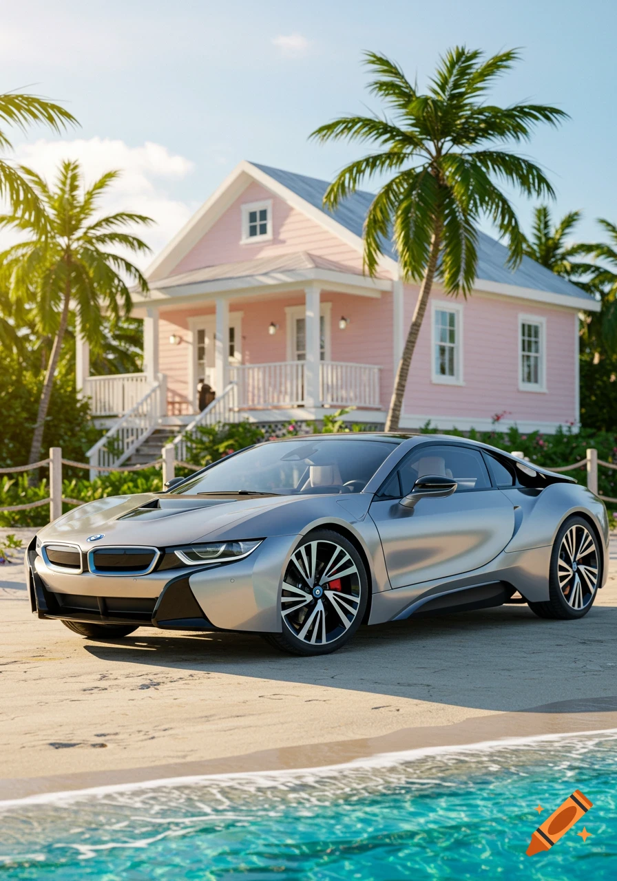 A silver BMW i8 sports car parked on a sandy beach in front of a pink Key West-style house with palm trees and turquoise water.