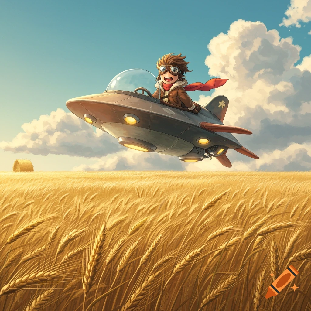 A grinning boy in a flying UFO hovers over a golden wheat field under a blue sky, in Studio Ghibli style.