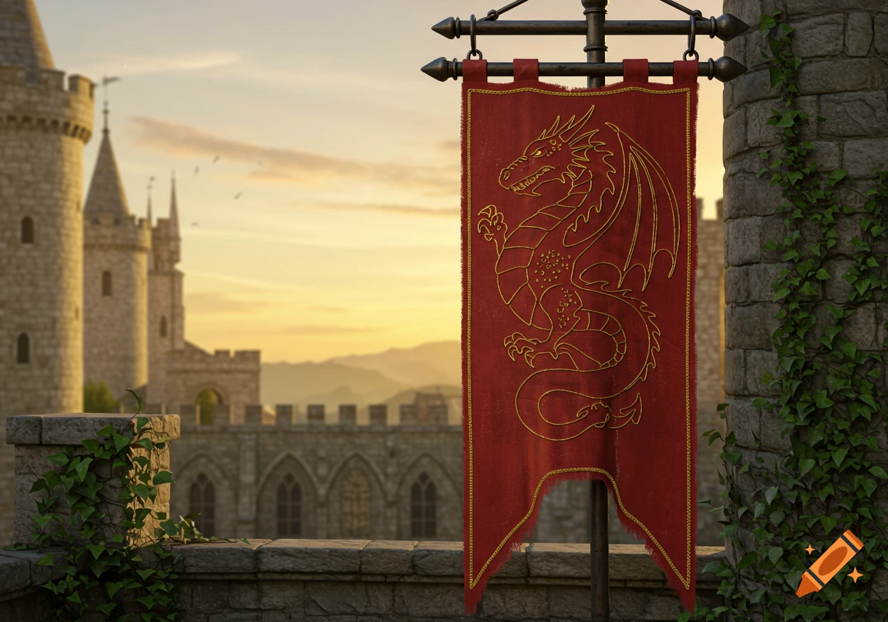 A red medieval banner with a gold dragon emblem hangs from a castle wall at sunset, with more castle towers in the background.