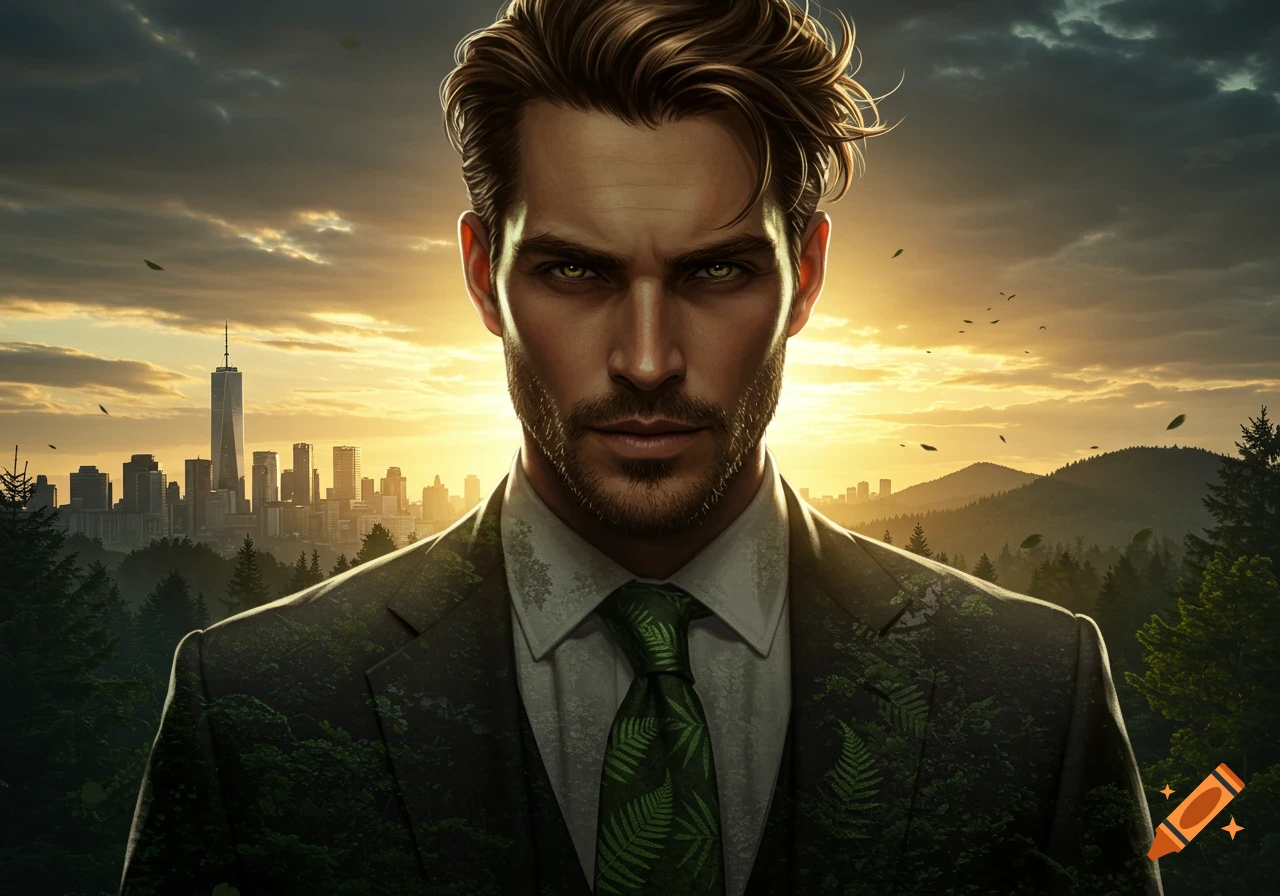 Stylized illustration of a dashing man in a forest-patterned suit and tie, against a sunset backdrop of a city skyline and mountains.