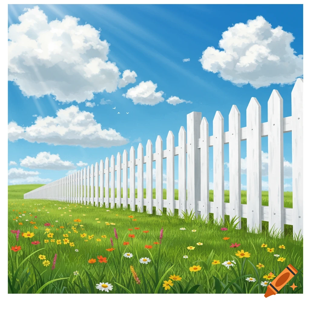 A white picket fence extends into a bright green field filled with colorful wildflowers under a sunny blue sky with fluffy white clouds.