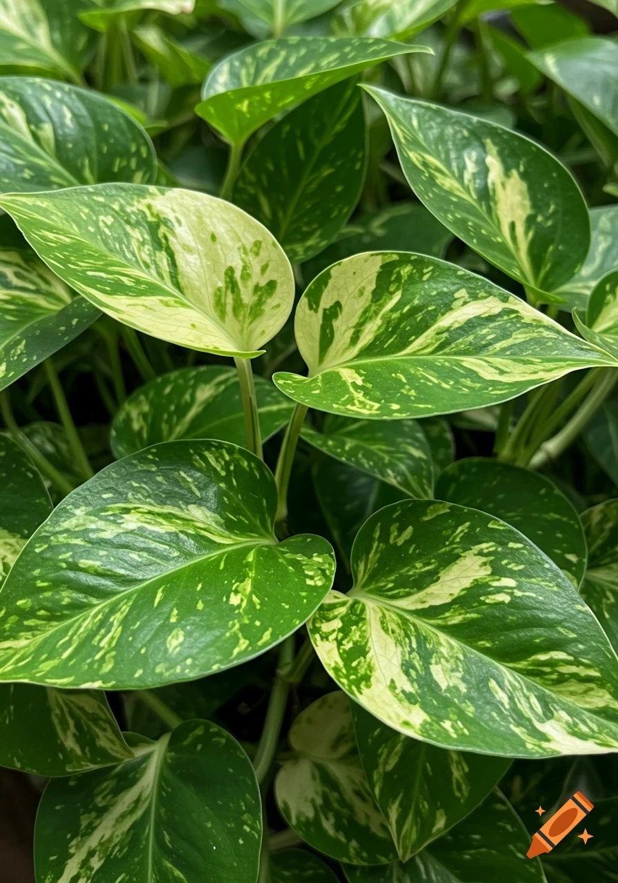 Close-up of vibrant green and yellow variegated pothos leaves.