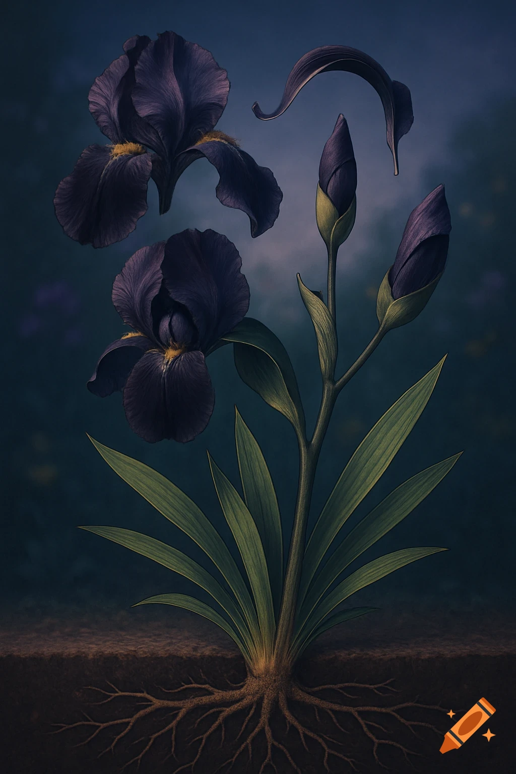 An exploded axonometric botanical illustration of a dark purple iris plant, showing its roots, stem, leaves, buds, and individual flower parts against a dark background.
