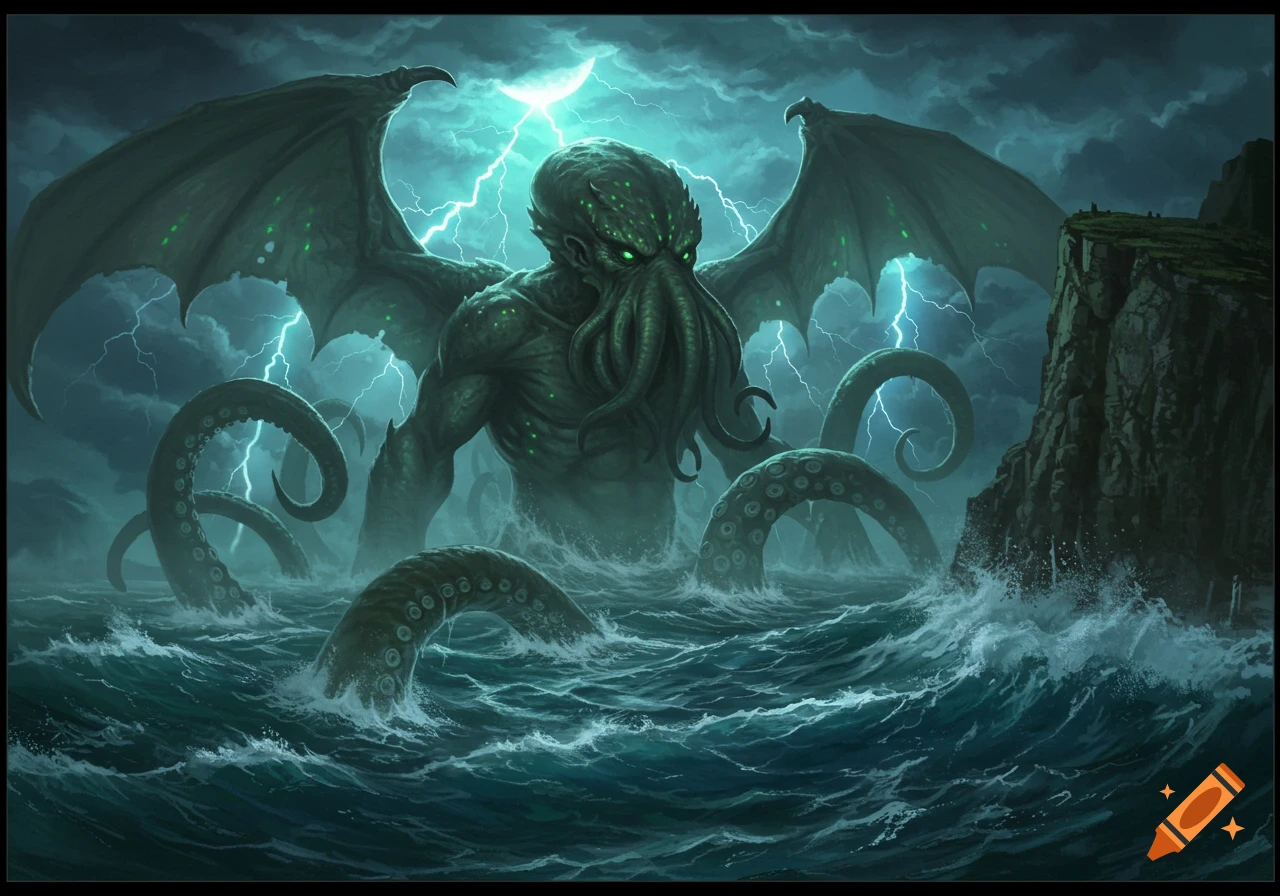 A massive, green, winged, tentacled creature (Cthulhu) rises from a stormy ocean with lightning, beside rocky cliffs.