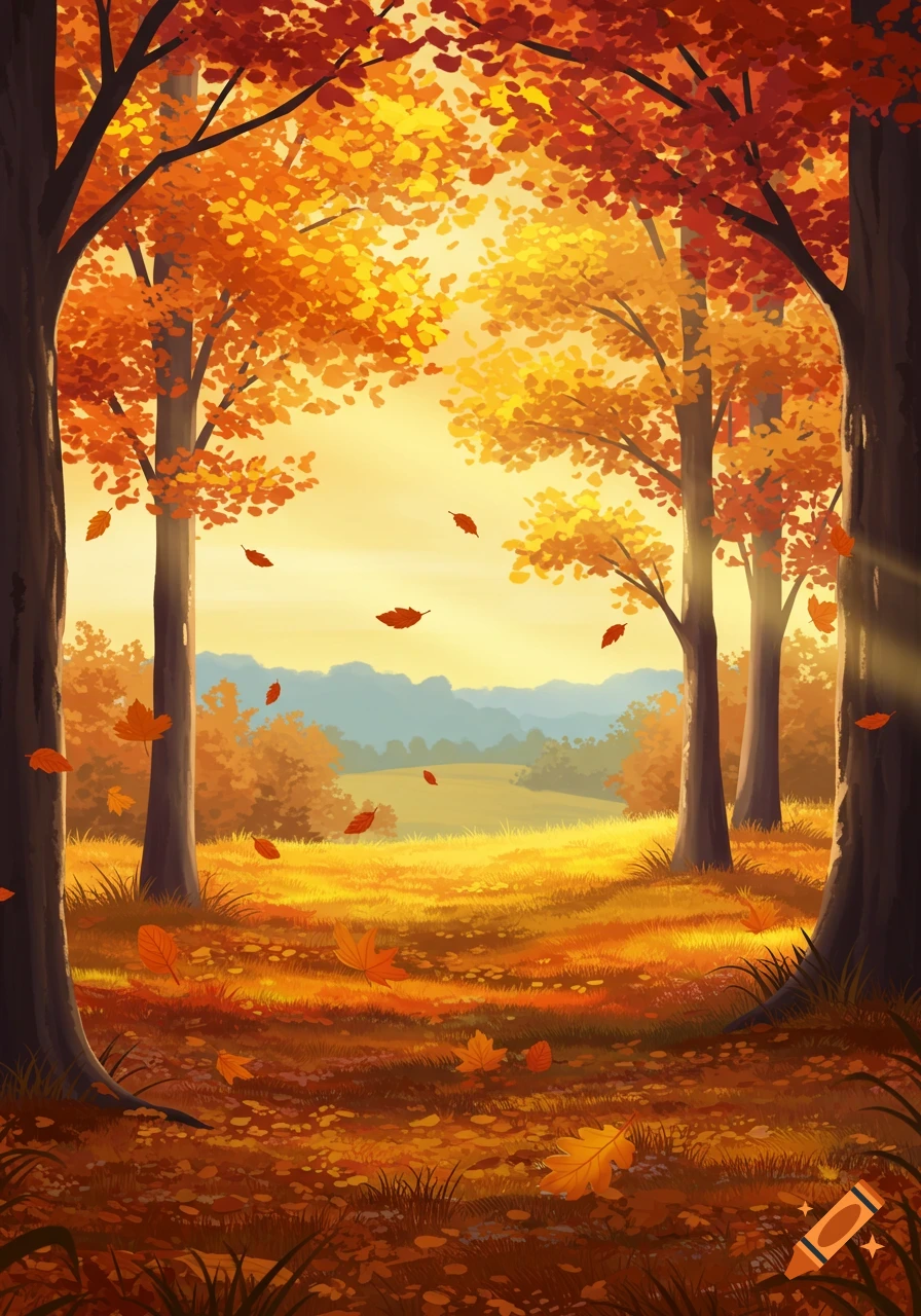 A vibrant, warm illustration of an autumn forest with bright orange and yellow foliage, falling leaves, and sun rays.