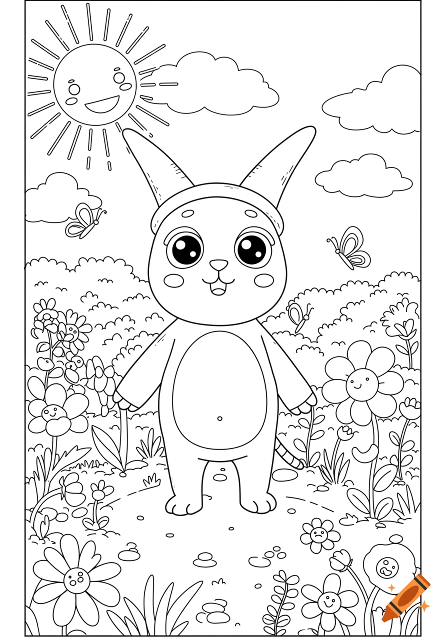 Children's coloring page showing a cute cartoon bunny in a field of flowers with a smiling sun and butterflies.