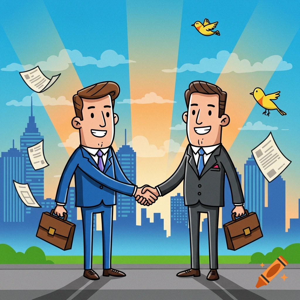Cartoon of two businessmen in suits shaking hands with a city skyline backdrop, papers and birds flying.