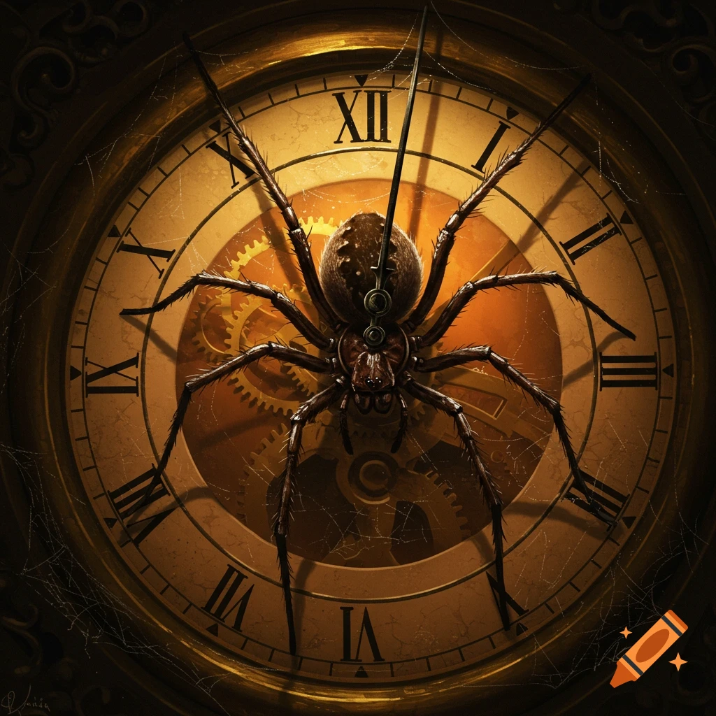 A detailed brown spider with long legs sits centered on an old golden clock face with Roman numerals and visible gears underneath.
