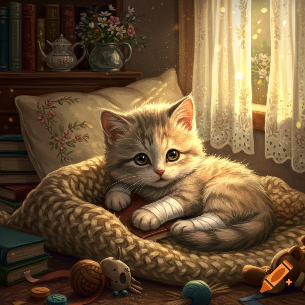A fluffy, bandaged kitten with large eyes lies on a knitted blanket surrounded by books and toys in a warm, cozy room bathed in sunlight.