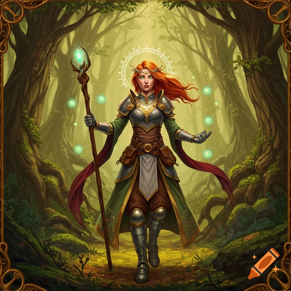 A female D&D cleric with red hair, wearing armor and a green robe, holds a glowing staff while standing in a mystical forest, in a digital painting style.