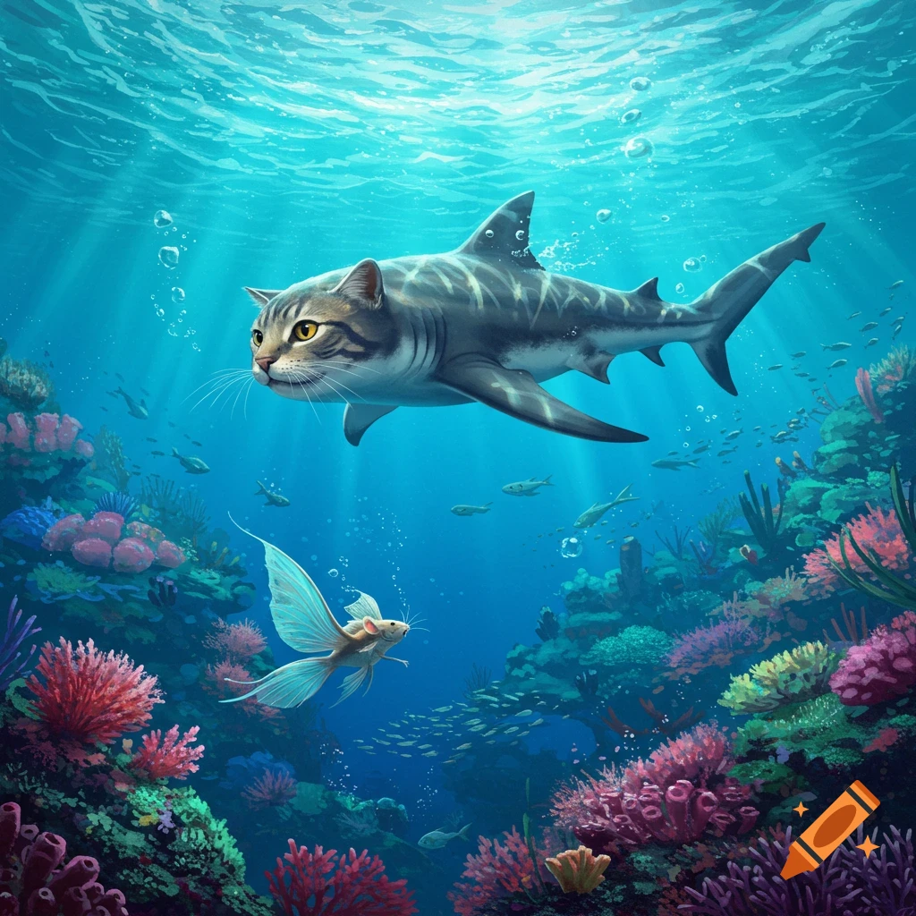 A cat-faced shark swims through a vibrant coral reef, chasing a mouse-faced fish in clear blue water.