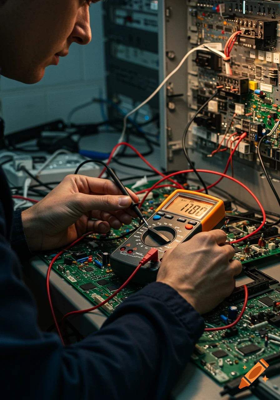 An electrician works with a multimeter on a workbench, testing electronic circuit boards.