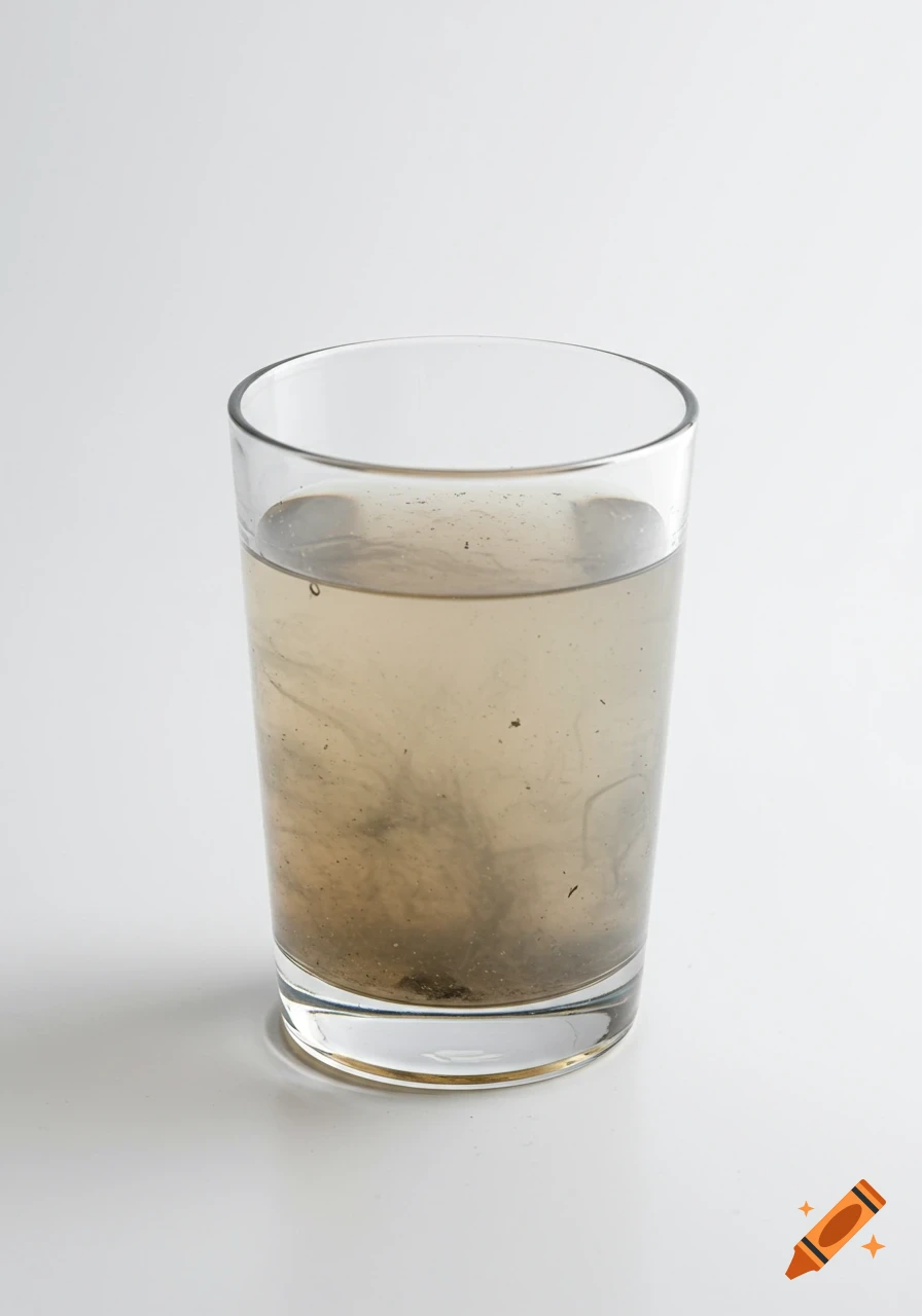 A clear glass filled with murky, brown, dirty water, with sediment at the bottom, against a clean white background.