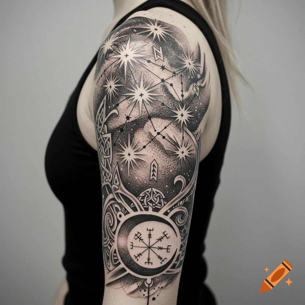 Detailed black ink shoulder sleeve tattoo with stars, constellation, cosmic patterns, geometric accents, and a Norse vegvisir compass.