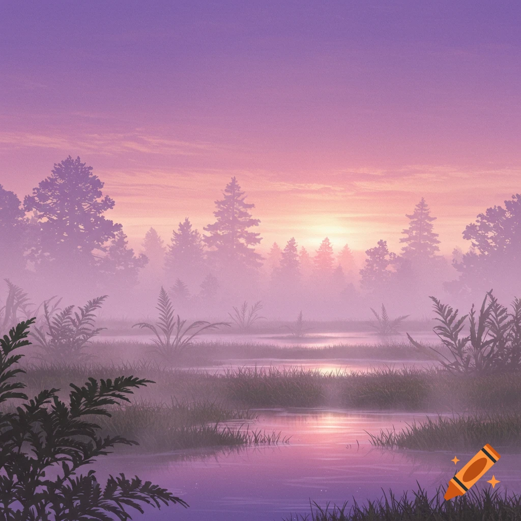 Misty marshland at sunrise with a vibrant purple and pink sky reflecting on still water, surrounded by trees and ferns.