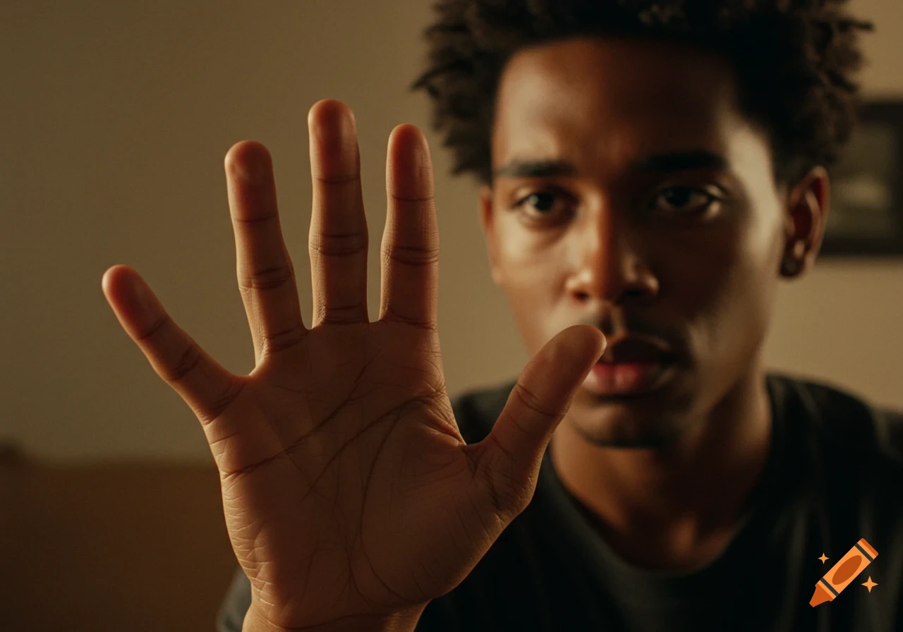 A focused young man looks past his raised, open hand in a close-up photorealistic shot with shallow depth of field.