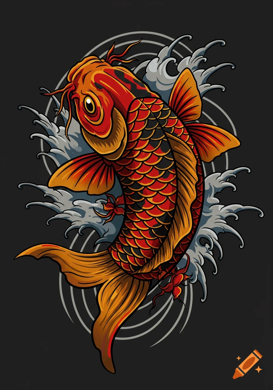Stylized illustration of a red and gold koi fish with white waves and circular patterns on a dark background, in a traditional tattoo style.