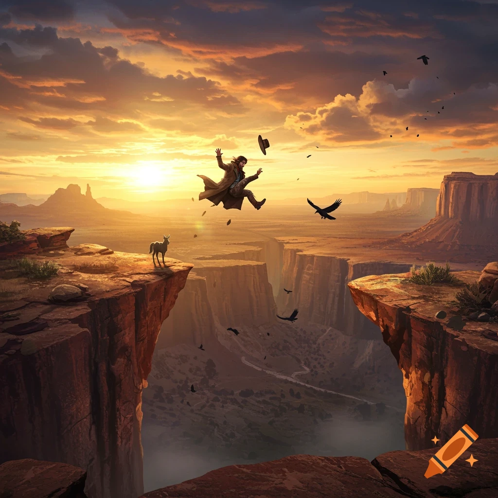A man falls dramatically from a towering cliff into a vast canyon at sunset, with a deer on the edge and birds in the sky. Illustrative.